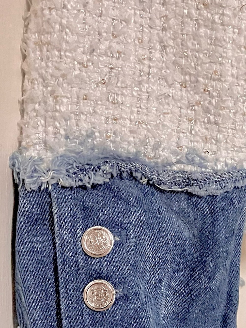 Saks Fifth Avenue Frayed Denim-Trim Metallic White Bouclé Tweed Blazer: Medium - Picture 6 of 6